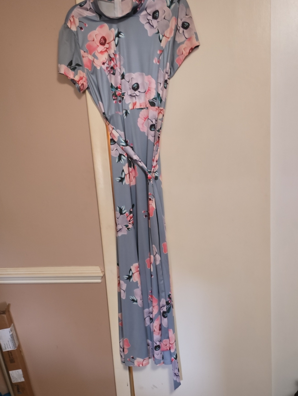 Gray Floral Tie-Waist Maxi Dress with Pink Blooms